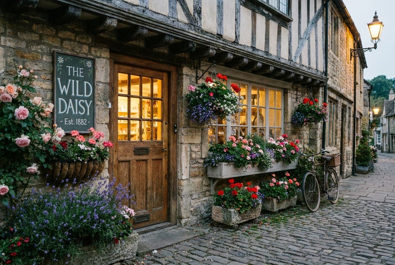 A stone shopfront with flower boxes and a lit window on a cobbled street at dusk