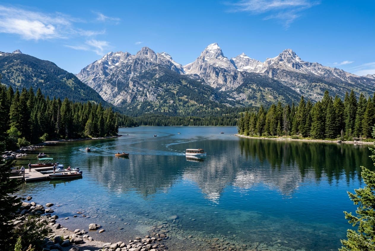 Boats on a calm blue lake, with jagged peaks reflected in the water
