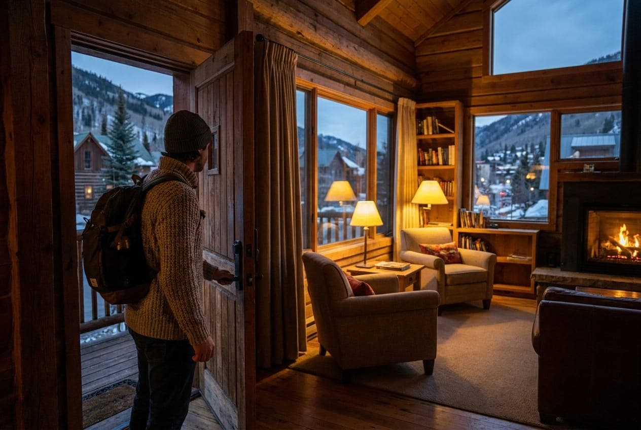 A hiker with a backpack opening the door of a warm lodge at dusk, with a fire burning inside