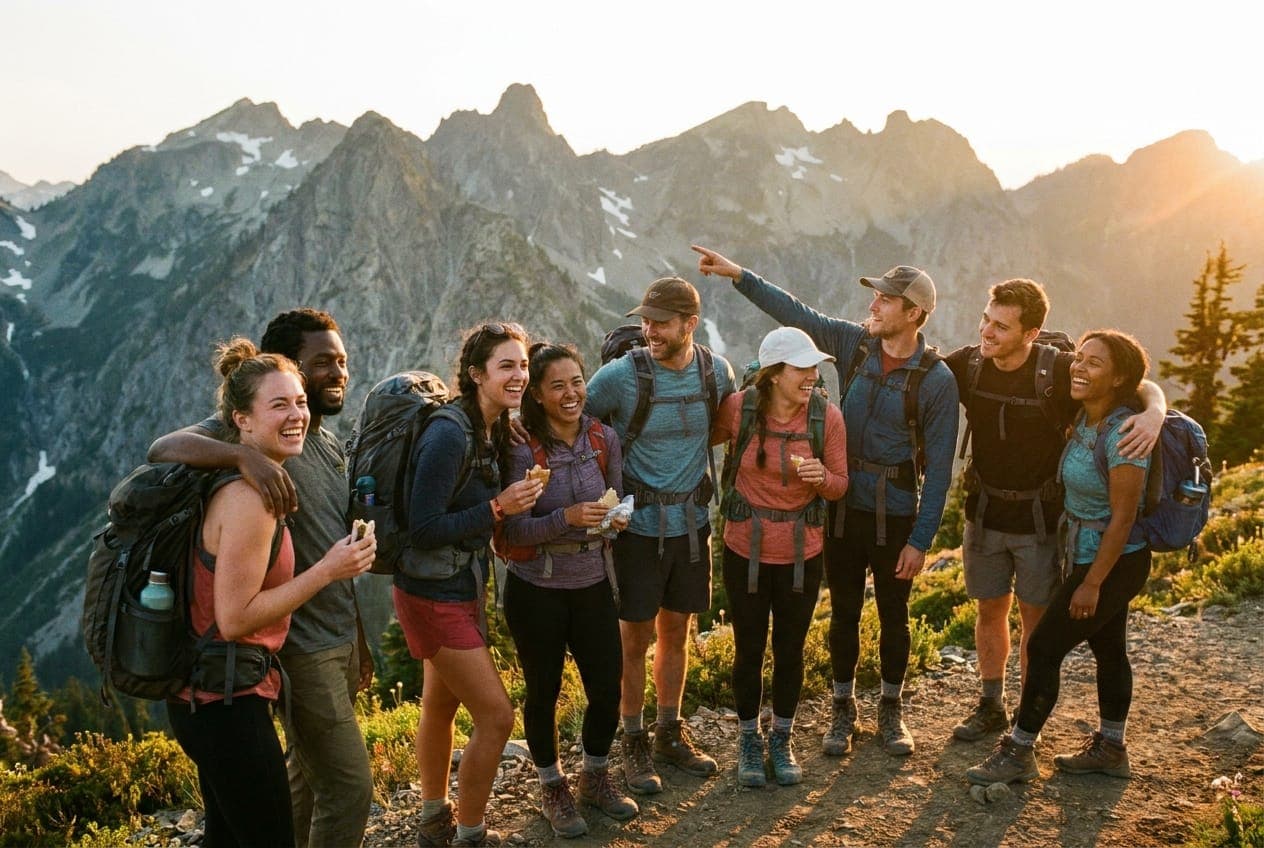 A group of hikers laughing together on a mountain trail at sunset, one pointing at the peaks