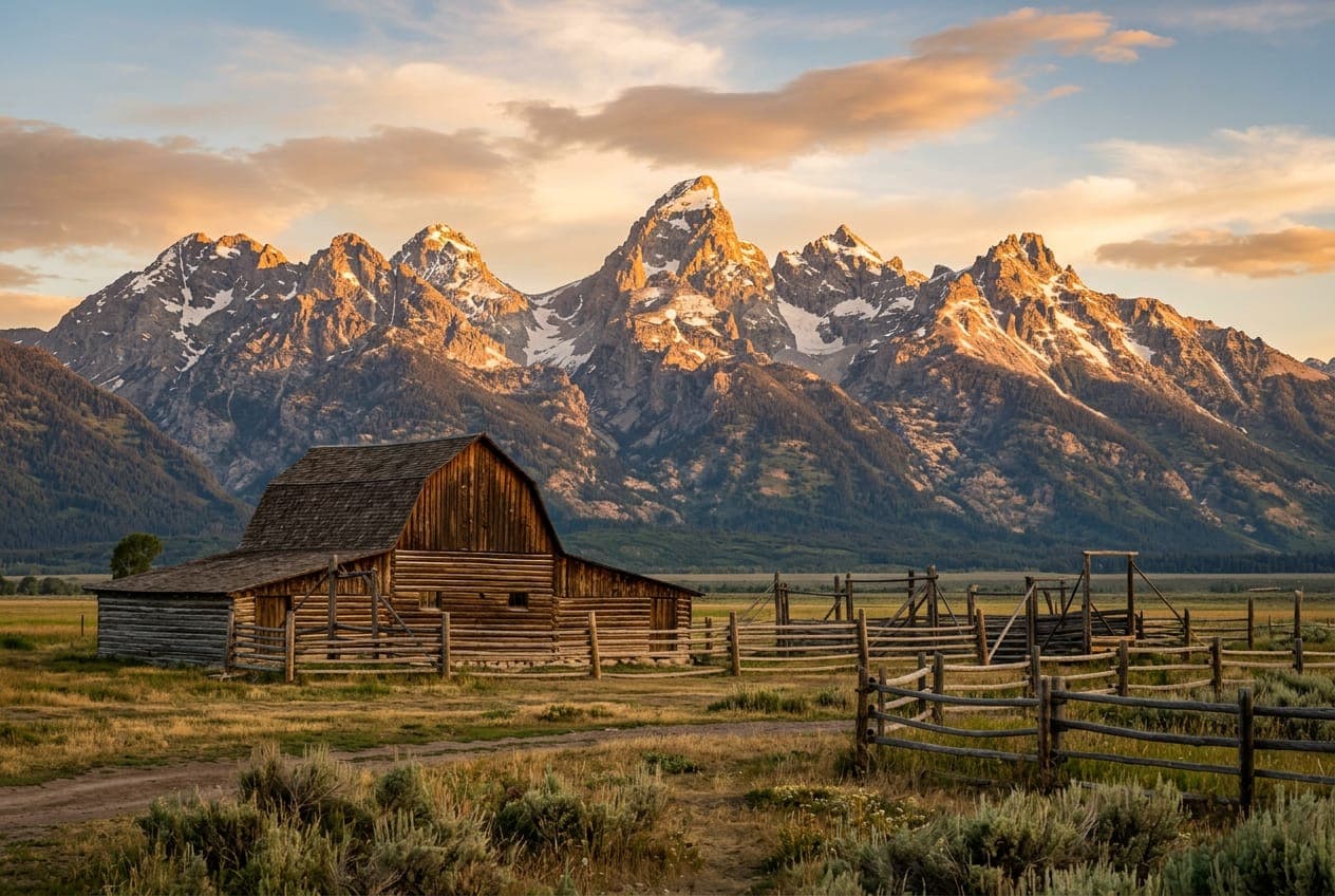 A weathered wooden barn and rail fences in a meadow, with jagged peaks lit gold behind