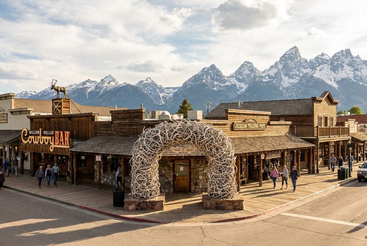 The elk antler arch and wooden storefronts of the Jackson town square, with snowy peaks behind