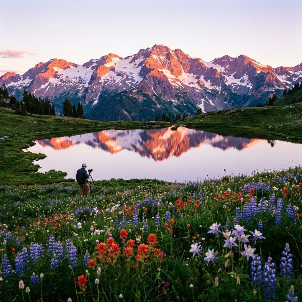 A photographer with a tripod among wildflowers beside an alpine lake, with pink light on the peaks