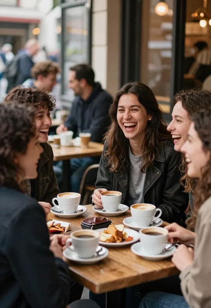 Friends laughing together over coffee at a café table