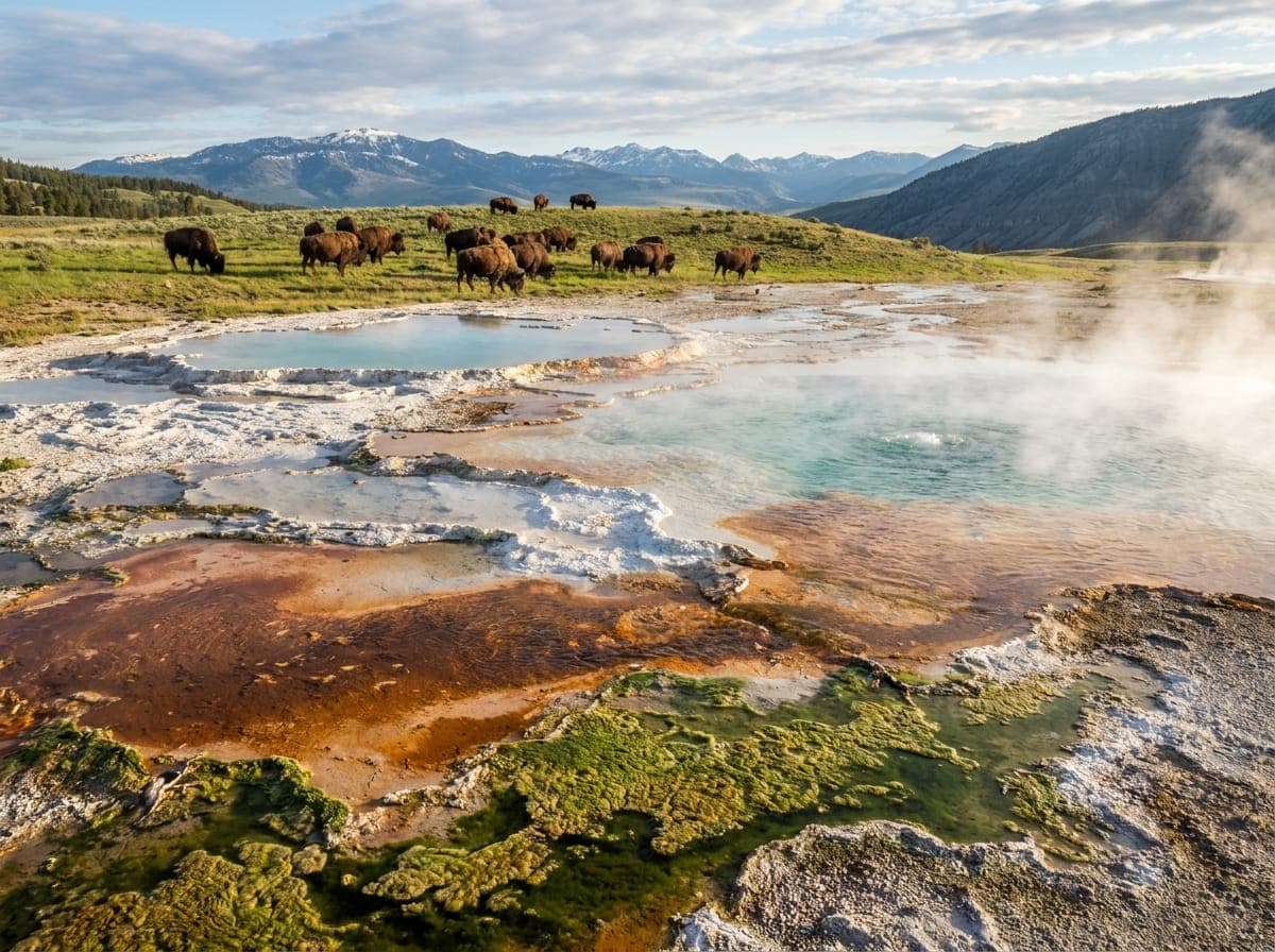 Bison grazing beside steaming hot springs, with mountains behind